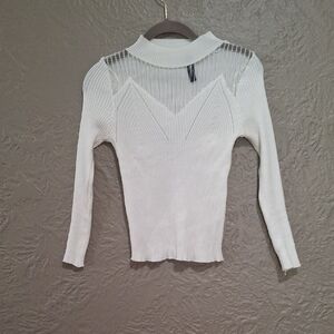 Top Secret White Ribbed Blouse with Sheer Details One Size